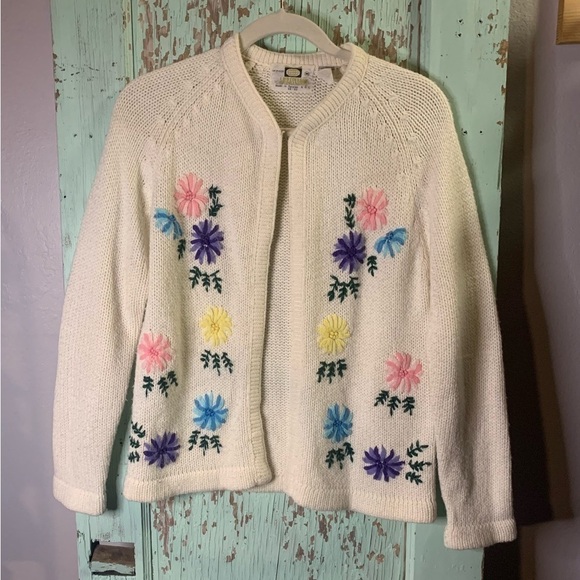 ambassador Sweaters - Women’s Ambassador cream colored cardigan with multi color floral embroidery